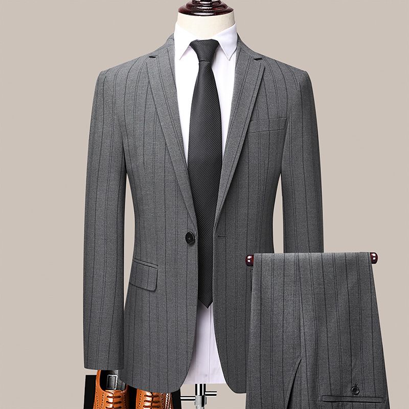 Slim Fit Lapel Collar Casual Back Slit All Seasons Randig Button Suit