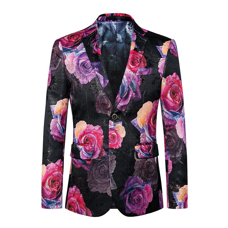 Män Casual Suit Klänning Stilig Kokett Kostym Stor Rose Print Jacka Herr