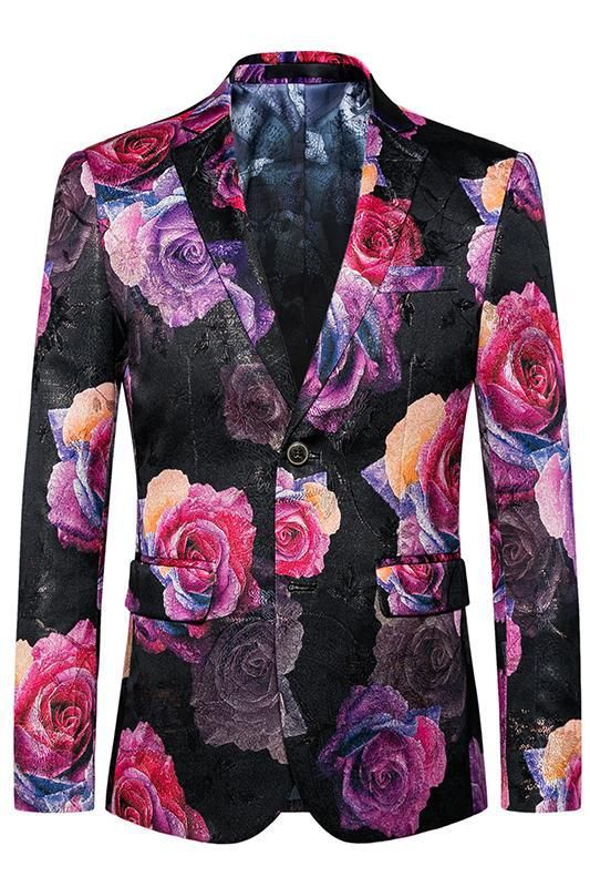 Män Casual Suit Klänning Stilig Kokett Kostym Stor Rose Print Jacka Herr